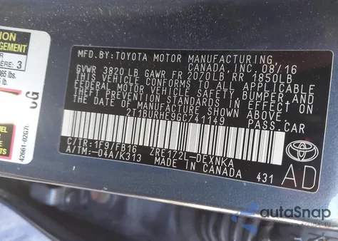 2016 Toyota Corolla Le z USA, uszkodzony, nr VIN 2T1BURHE9GC741149